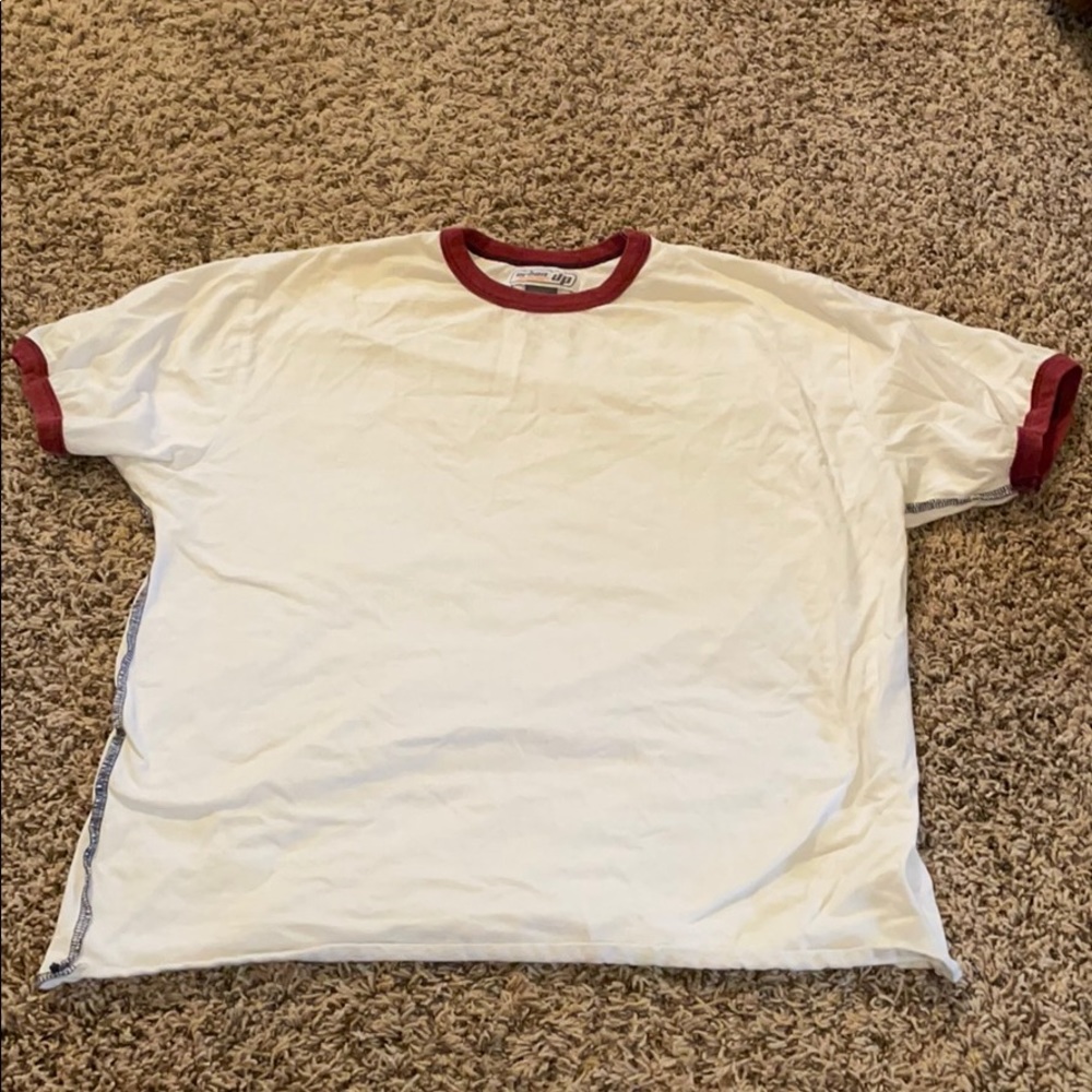 A white and maroon shirt-sleeve T-shirt